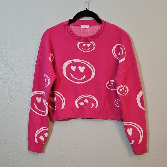 debut Sweaters - Debut Smiley Face Sweater, Hot Pink, Cropped, Womens Medium